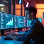 Молодой аналитик за компьютером с открытыми запросами SQL и графиками данных на экранах