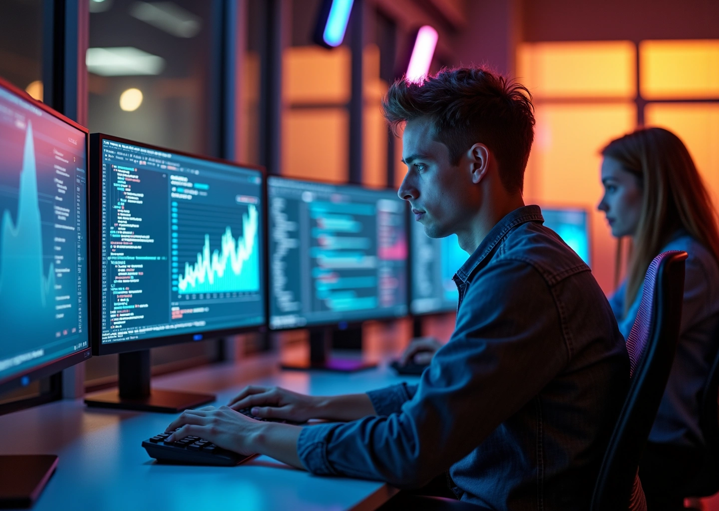 Молодой аналитик за компьютером с открытыми запросами SQL и графиками данных на экранах
