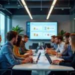 Современный офис с командой, работающей над IT-проектом, использование цифровых инструментов и обсуждение задач менеджером проекта