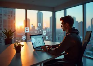 Российский digital-специалист за ноутбуком составляет индивидуальный план развития на современном рабочем месте