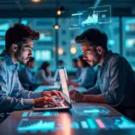 Современные digital-специалисты за работой на компьютерах в офисе, иллюстрирующие уровень стресса в профессиях цифровой сферы