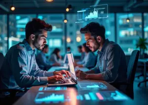 Современные digital-специалисты за работой на компьютерах в офисе, иллюстрирующие уровень стресса в профессиях цифровой сферы