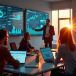 Директор проекта координирует команду digital-специалистов в офисе с графиками и метриками на экранах