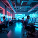 Профессионалы IT и digital будущего работают за компьютерами в офисе с цифровыми интерфейсами