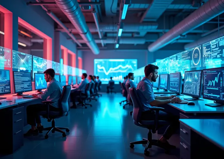 Профессионалы IT и digital будущего работают за компьютерами в офисе с цифровыми интерфейсами