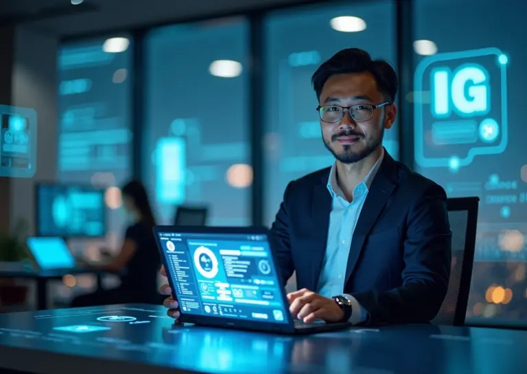 Дизайнер показывает современное цифровое портфолио в офисе IT-компании