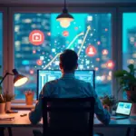 SMM-специалист за компьютером с соцсетями и графиками роста продаж на современном офисном фоне