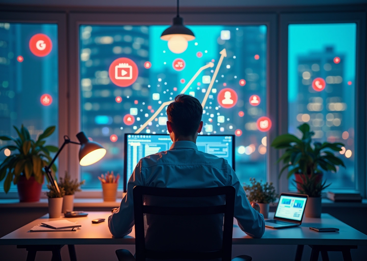 SMM-специалист за компьютером с соцсетями и графиками роста продаж на современном офисном фоне