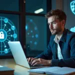 Digital‑специалист за ноутбуком с визуализацией данных, иконками защиты и документами по персональным данным