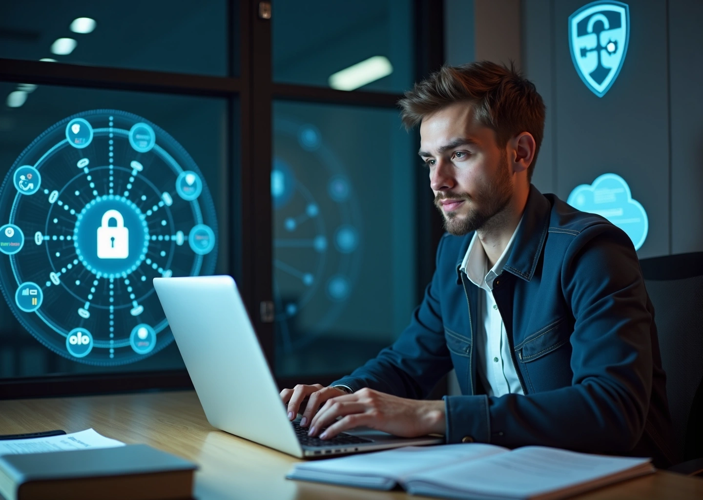 Digital‑специалист за ноутбуком с визуализацией данных, иконками защиты и документами по персональным данным