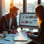 Два специалиста у рабочего стола с ноутбуком и карточкой товара на экране, заметки с логотипами Wildberries, Ozon и Яндекс.Маркет, образцы упаковки и аналитические графики