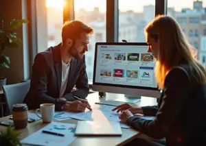 Два специалиста у рабочего стола с ноутбуком и карточкой товара на экране, заметки с логотипами Wildberries, Ozon и Яндекс.Маркет, образцы упаковки и аналитические графики