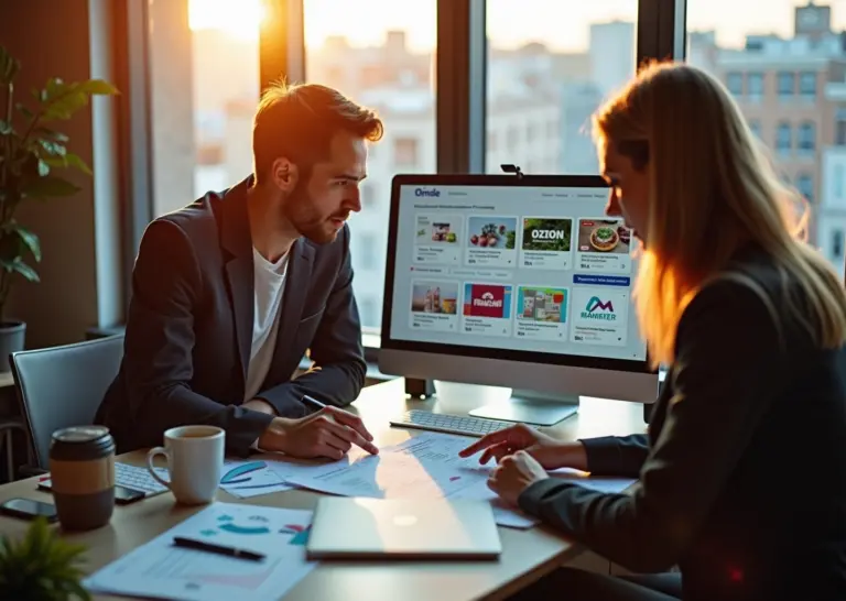 Два специалиста у рабочего стола с ноутбуком и карточкой товара на экране, заметки с логотипами Wildberries, Ozon и Яндекс.Маркет, образцы упаковки и аналитические графики