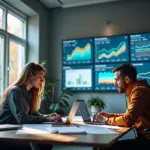 Копирайтер и редактор за рабочим столом в современном цифровом офисе, ноутбуки, заметки и экран с аналитикой