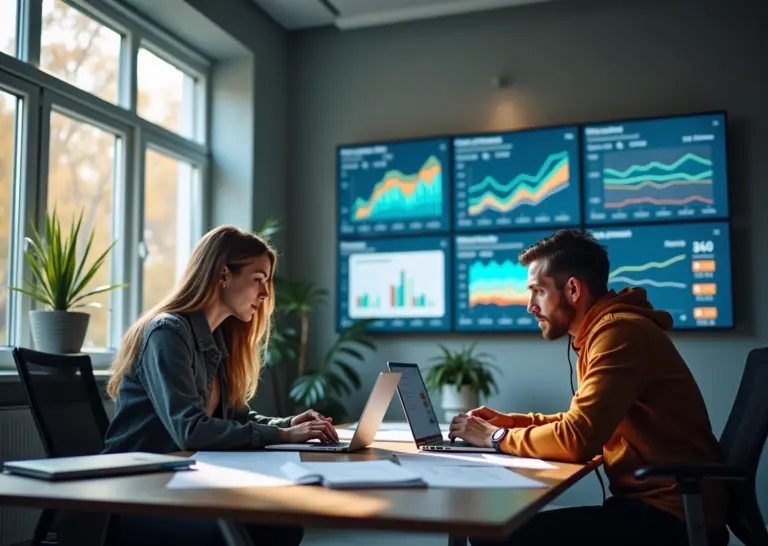 Копирайтер и редактор за рабочим столом в современном цифровом офисе, ноутбуки, заметки и экран с аналитикой