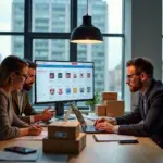 Команда специалистов у мониторов обсуждает продажи и карточки товаров для Ozon Wildberries и Яндекс.Маркета, на столе коробки и смартфон с кабинетом продавца