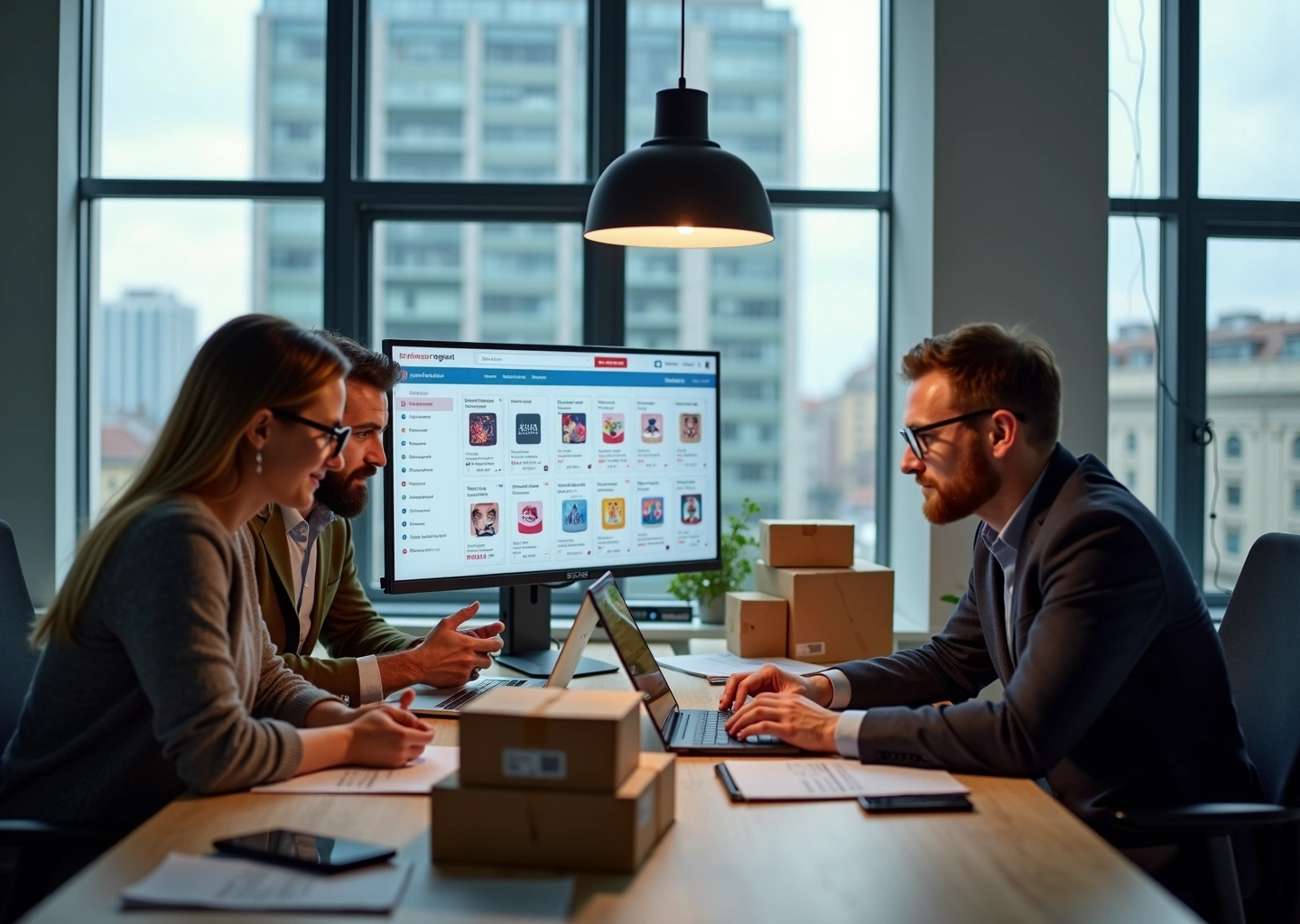 Команда специалистов у мониторов обсуждает продажи и карточки товаров для Ozon Wildberries и Яндекс.Маркета, на столе коробки и смартфон с кабинетом продавца