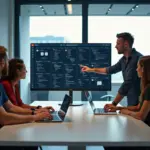 Команда digital‑агентства у мониторов с панелями CI/CD, графиками мониторинга и иконками облачных сервисов