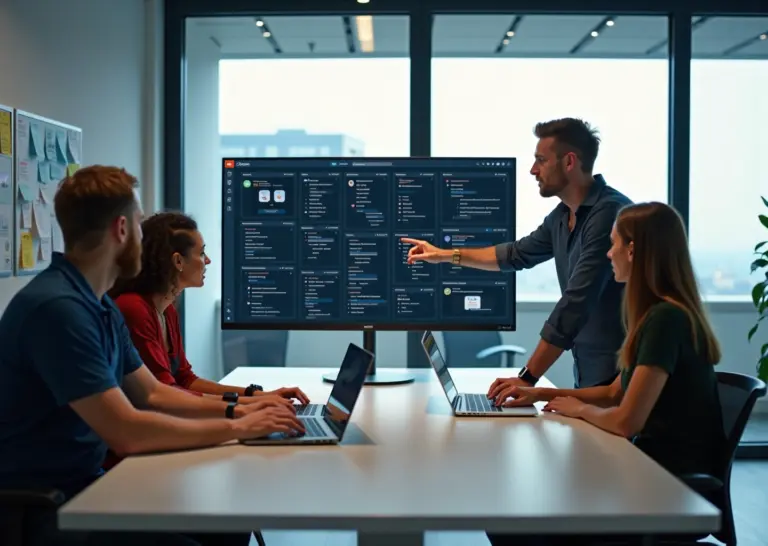 Команда digital‑агентства у мониторов с панелями CI/CD, графиками мониторинга и иконками облачных сервисов