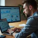 Маркетолог за ноутбуком с дашбордами и графиками ROAS LTV CPA, элементы логотипов Яндекс и VK в офисной обстановке