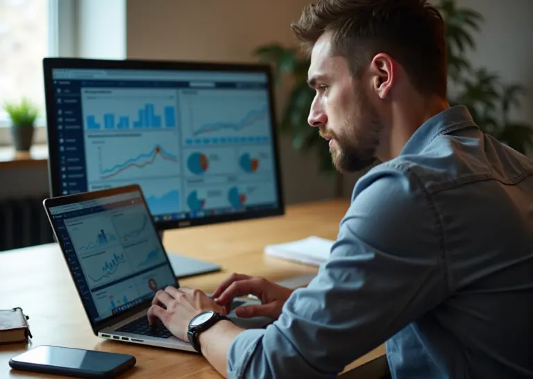 Маркетолог за ноутбуком с дашбордами и графиками ROAS LTV CPA, элементы логотипов Яндекс и VK в офисной обстановке