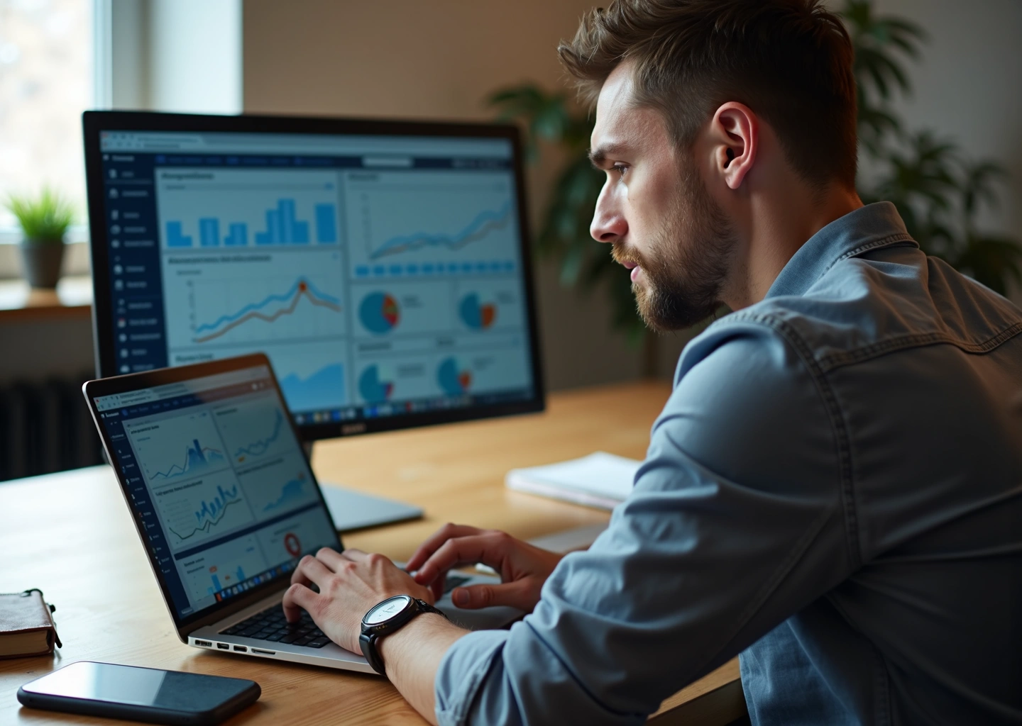 Маркетолог за ноутбуком с дашбордами и графиками ROAS LTV CPA, элементы логотипов Яндекс и VK в офисной обстановке