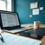 Фрилансер подписывает договор на оказание услуг за ноутбуком в современном рабочем пространстве с элементами digital профессий