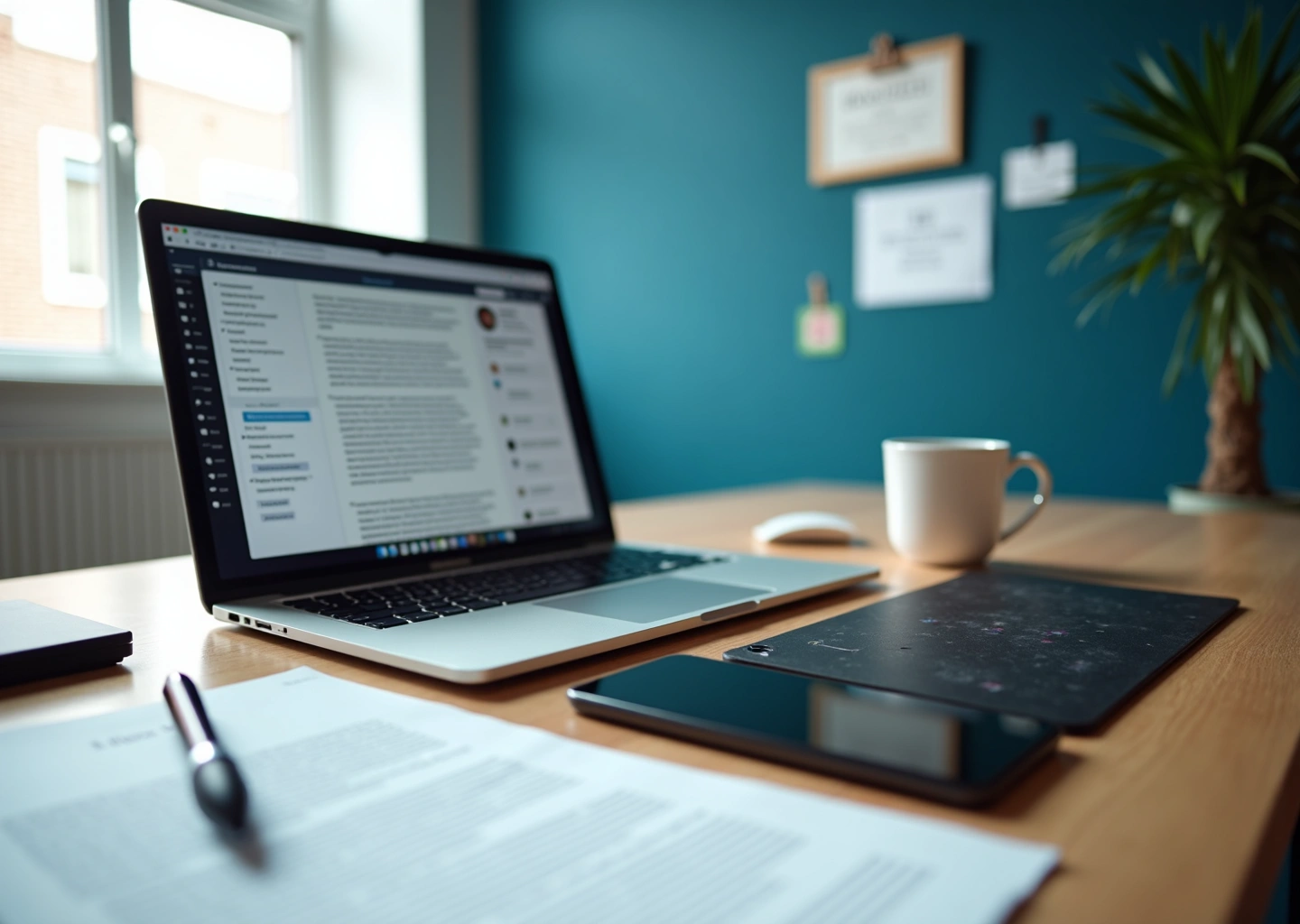 Фрилансер подписывает договор на оказание услуг за ноутбуком в современном рабочем пространстве с элементами digital профессий