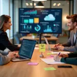 Молодые специалисты в техофисе обсуждают карьерный путь от Junior до Senior на фоне кода и графиков