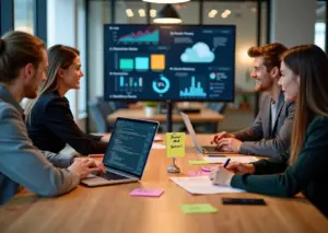 Молодые специалисты в техофисе обсуждают карьерный путь от Junior до Senior на фоне кода и графиков