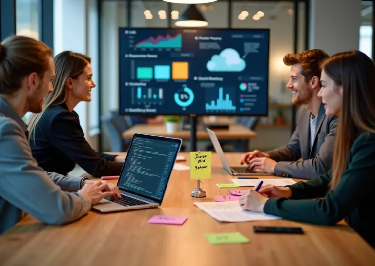 Молодые специалисты в техофисе обсуждают карьерный путь от Junior до Senior на фоне кода и графиков