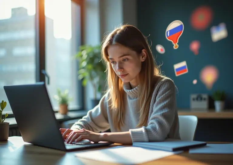 Современное рабочее место блогера, планирующего контент-стратегию на ноутбуке, с иконками цифрового обучения и флагом России на заднем плане