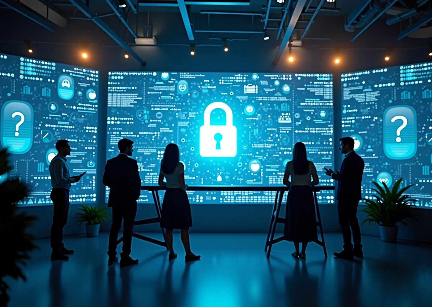 Футуристический цифровой рабочий стол с искусственным интеллектом, анализирующим контент и рекламу, с иконками этики и группой специалистов