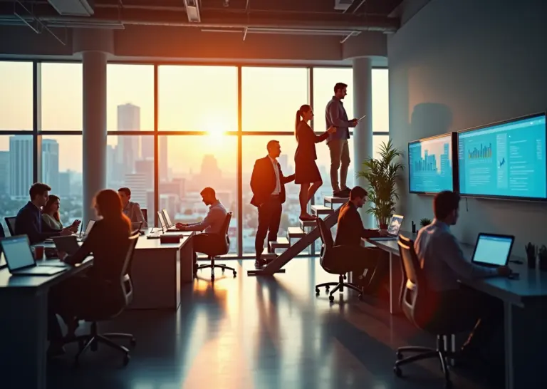 Современный офис с изображением карьерного роста в E-commerce от менеджера до руководителя направления