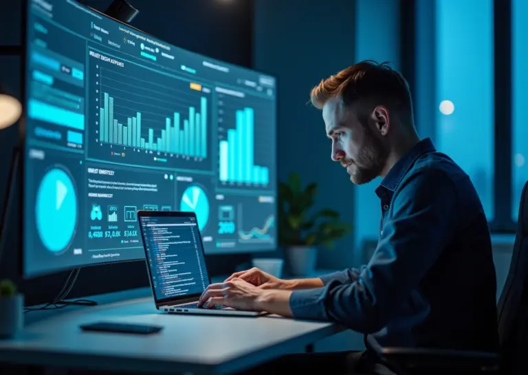 Фрилансер в цифровой профессии рассчитывает стоимость работы на ноутбуке в современном офисе