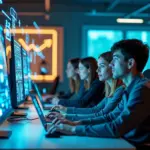 Современный офис с молодыми специалистами за компьютерами и цифровыми иконками, символизирующими digital-профессии и обучение