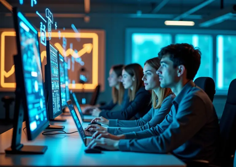 Современный офис с молодыми специалистами за компьютерами и цифровыми иконками, символизирующими digital-профессии и обучение
