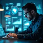 Менеджер маркетплейсов работает на ноутбуке с аналитикой и иконками электронной коммерции