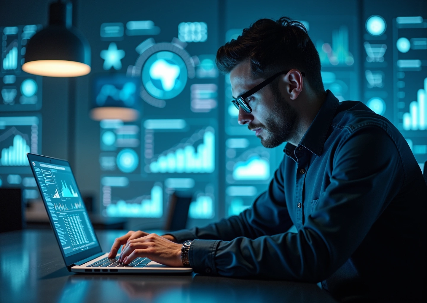 Менеджер маркетплейсов работает на ноутбуке с аналитикой и иконками электронной коммерции